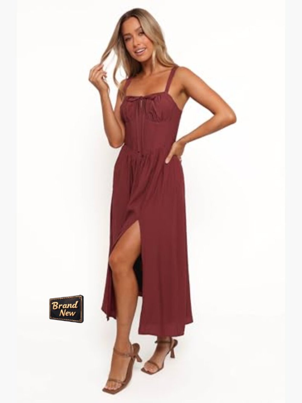 Square Neck Midi A-Line Dress with Zipper Back - Picture 2 of 4
